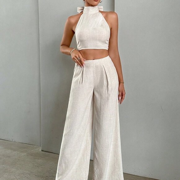 . Tops - Apricot Sexy Womens Tie Backless Halter Top & Wide Leg Pants